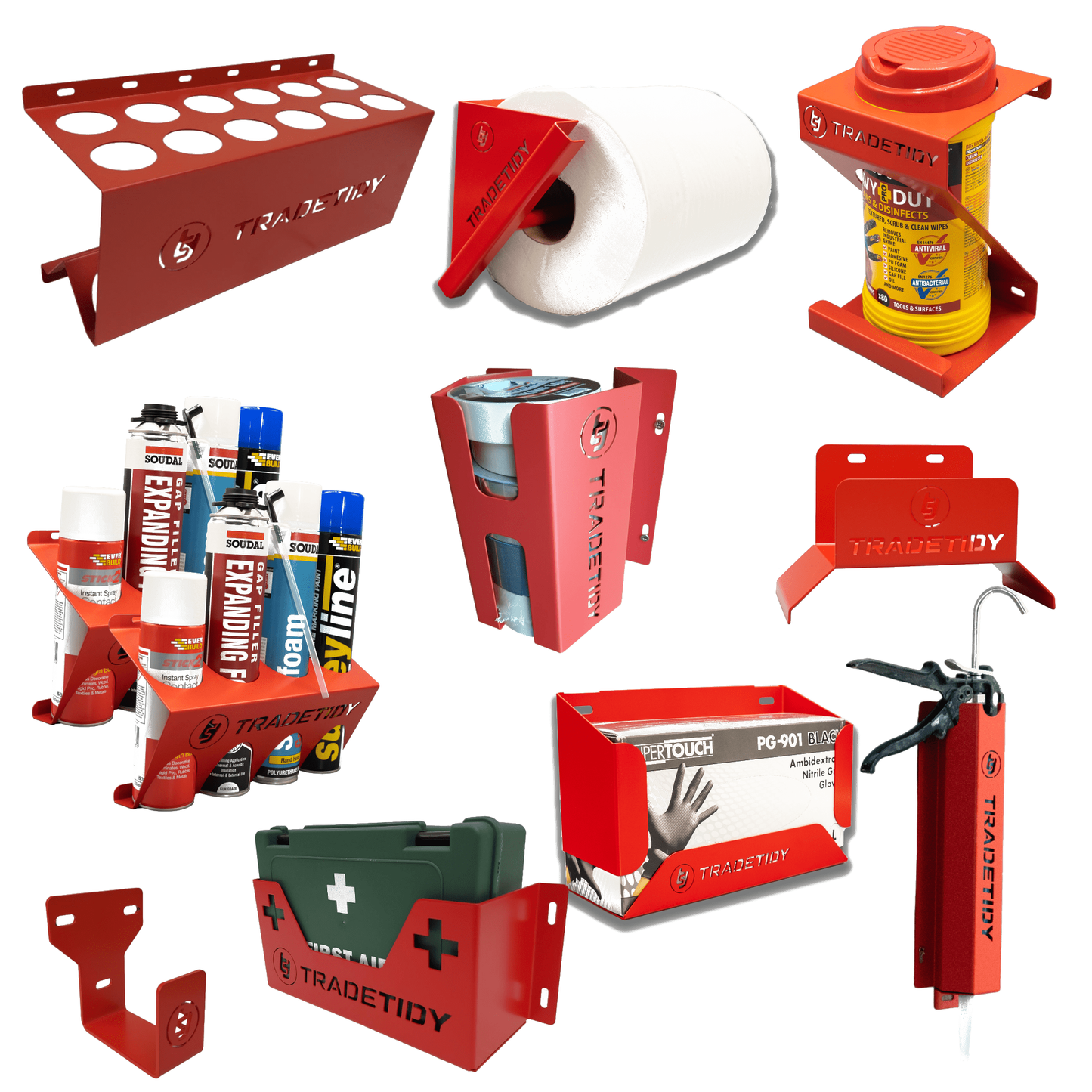 TradeTidy red Van Storage Starter Pack — 10 holders plus first aid kit, UK-made powder-coated steel