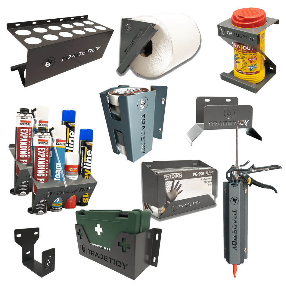 TradeTidy grey Van Storage Starter Pack — 10 holders plus first aid kit, UK-made powder-coated steel