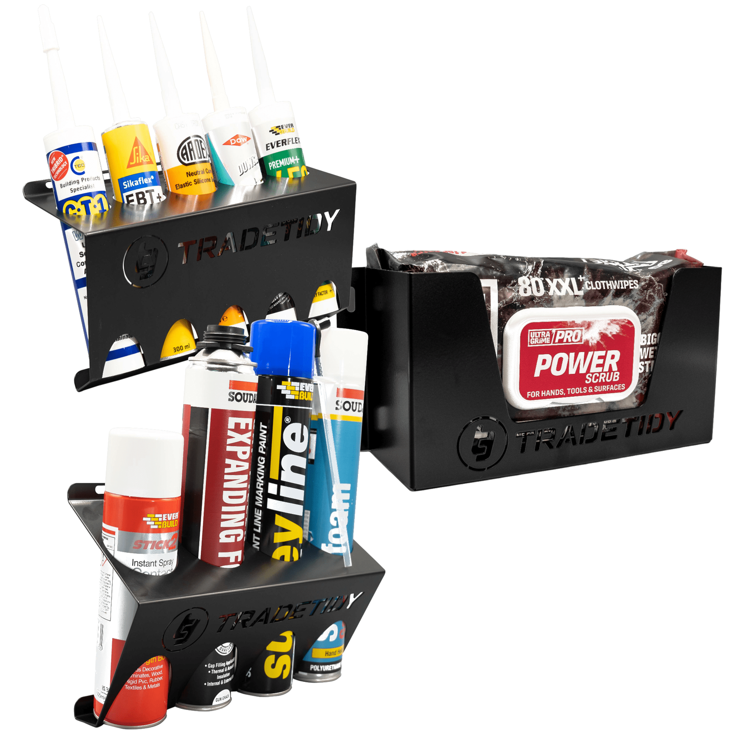 TradeTidy black Silicone, Aerosol & Ultragrime Wipes Holder 3-pack — UK-made powder-coated steel for vans