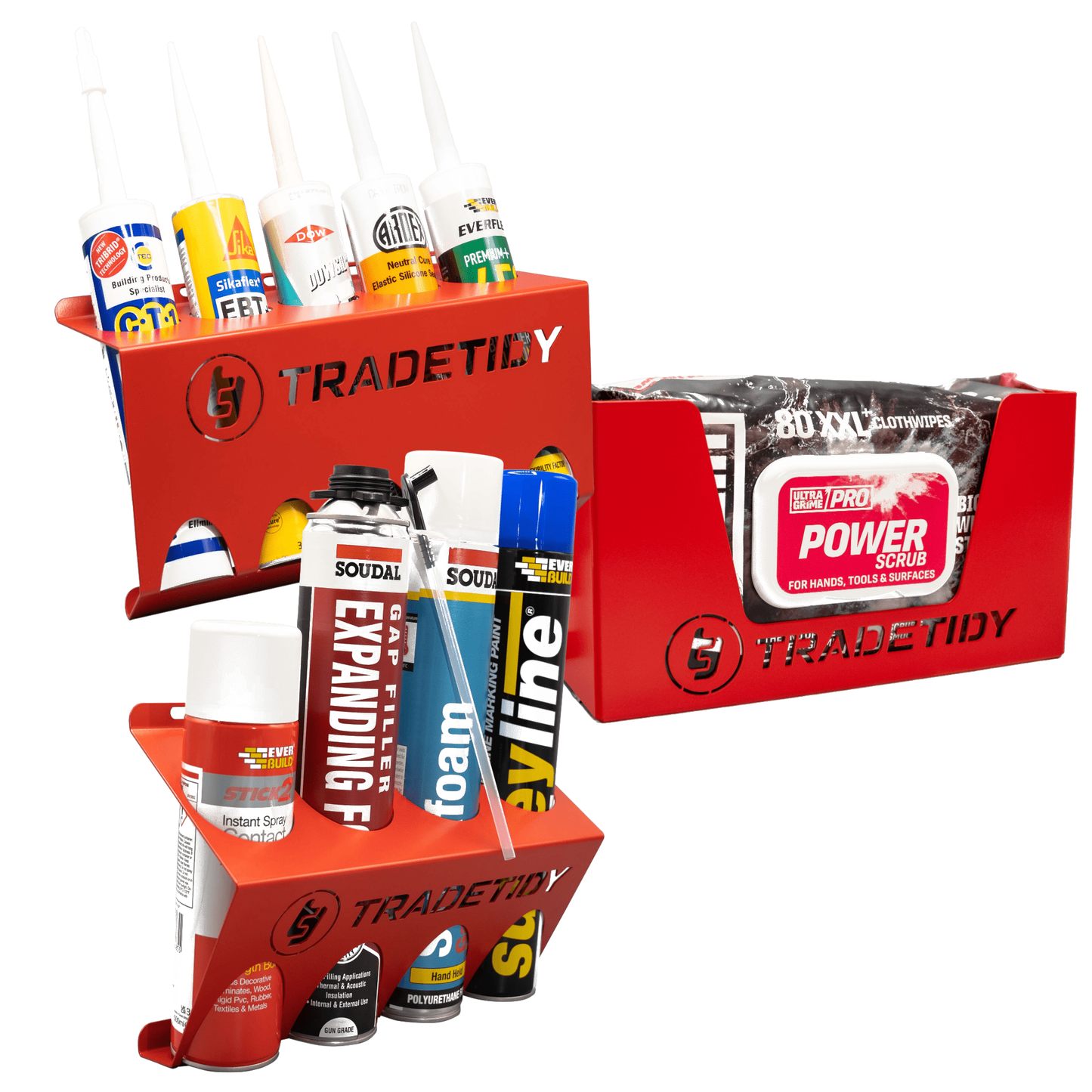 TradeTidy red Silicone, Aerosol & Ultragrime Wipes Holder 3-pack — UK-made powder-coated steel for vans