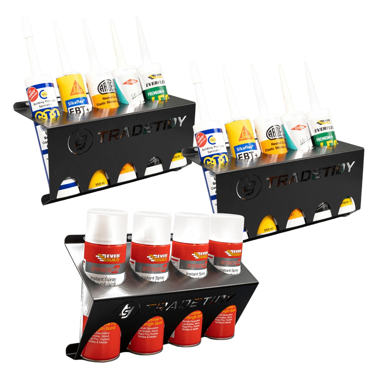 TradeTidy black Silicone & Aerosol Holder pack — 2 tube holders and 1 can holder, UK-made powder-coated steel