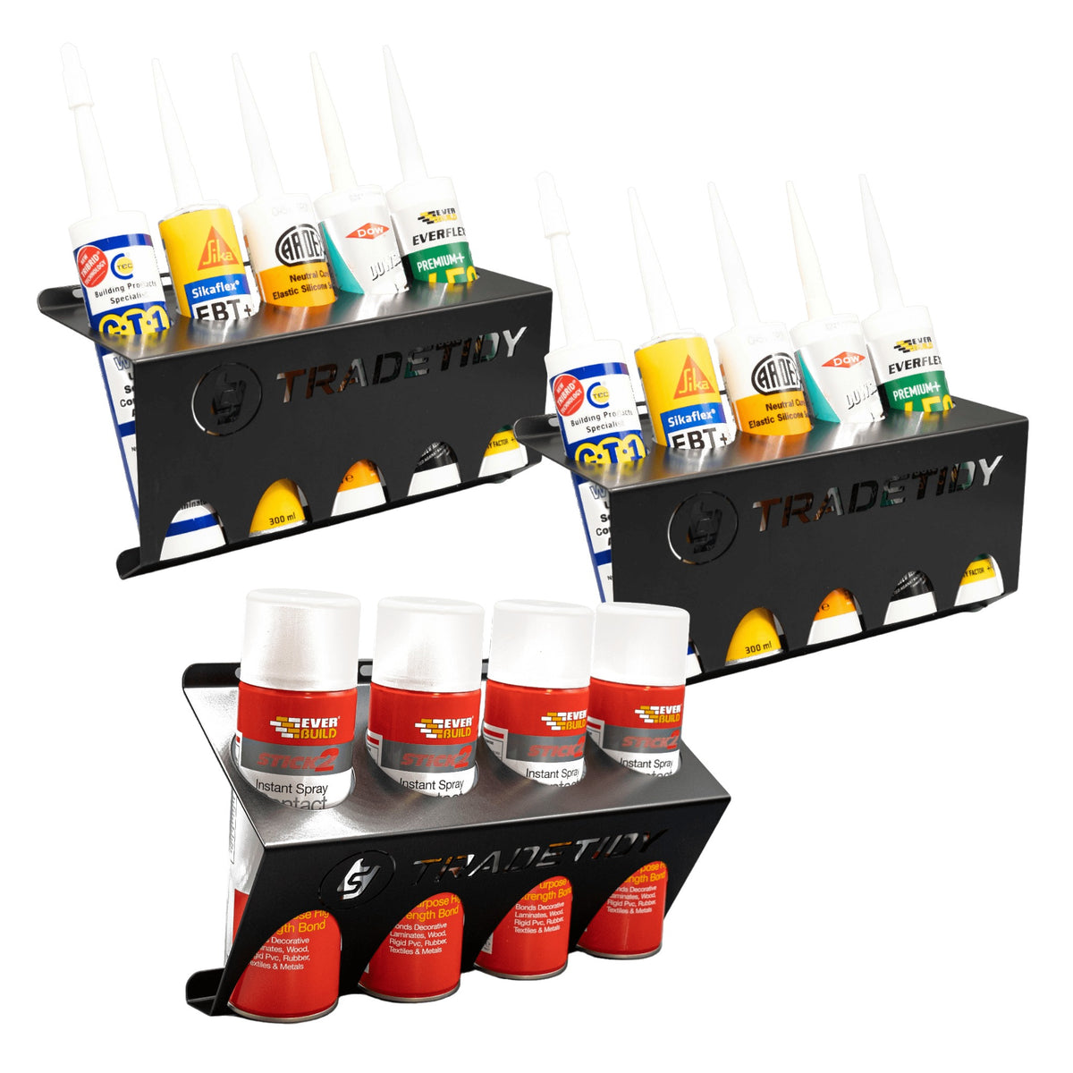 TradeTidy black Silicone & Aerosol Holder pack — 2 tube holders and 1 can holder, UK-made powder-coated steel