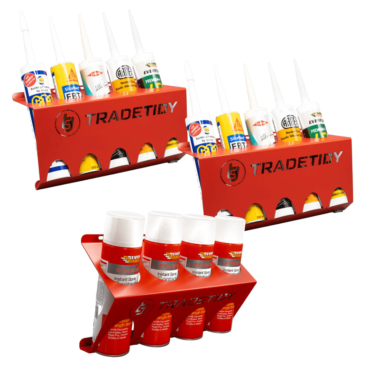 TradeTidy red Silicone & Aerosol Holder pack — 2 tube holders and 1 can holder, UK-made powder-coated steel