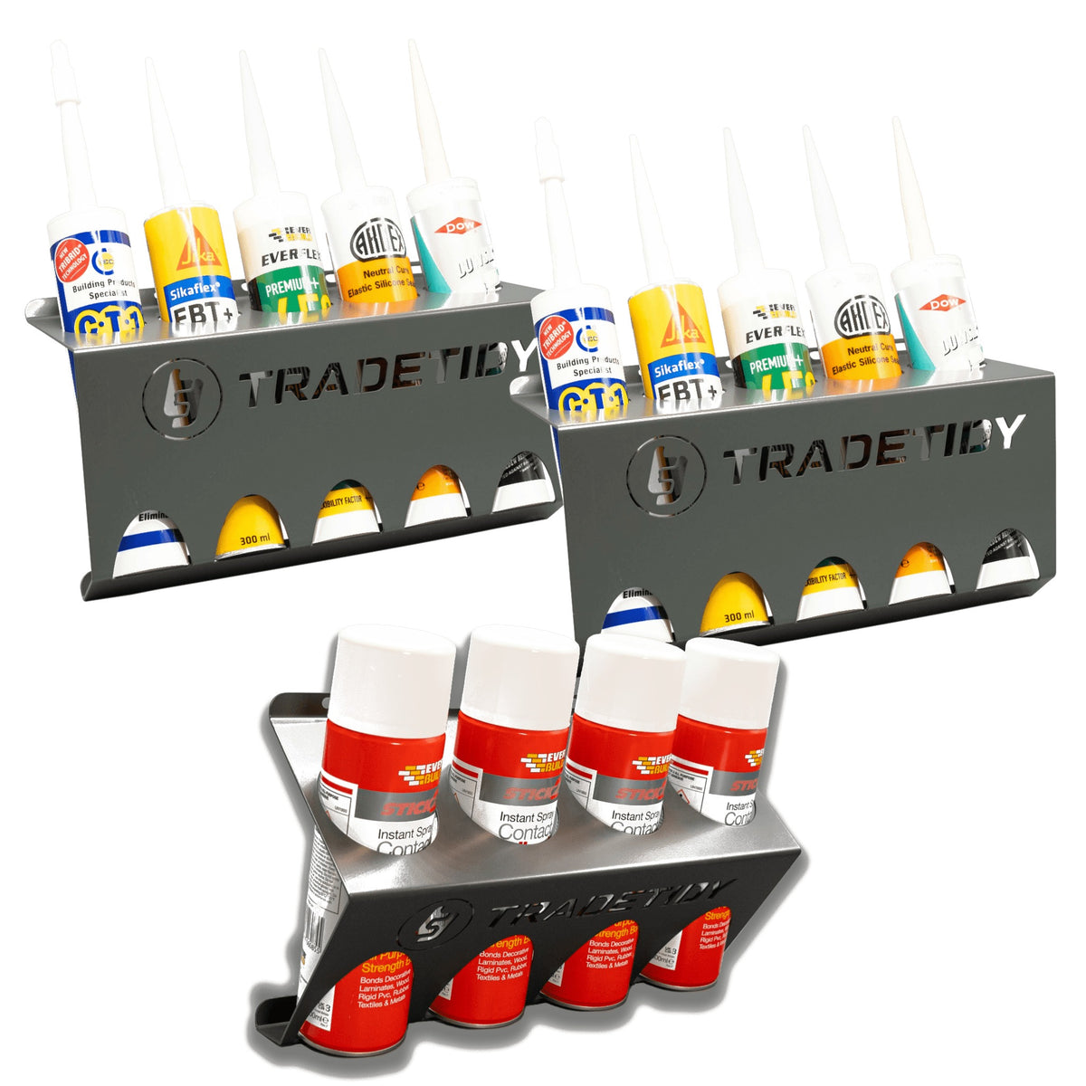TradeTidy grey Silicone & Aerosol Holder pack — 2 tube holders and 1 can holder, UK-made powder-coated steel