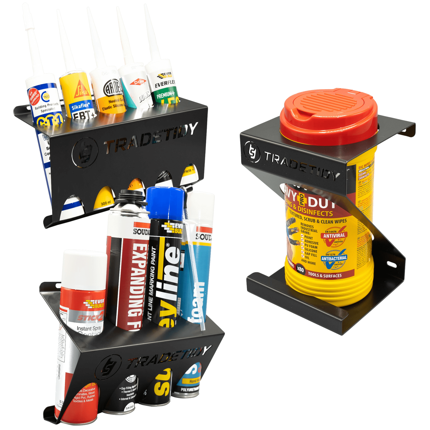TradeTidy black Silicone, Aerosol & Wipes Holder 3-pack van storage set — UK-made powder-coated steel