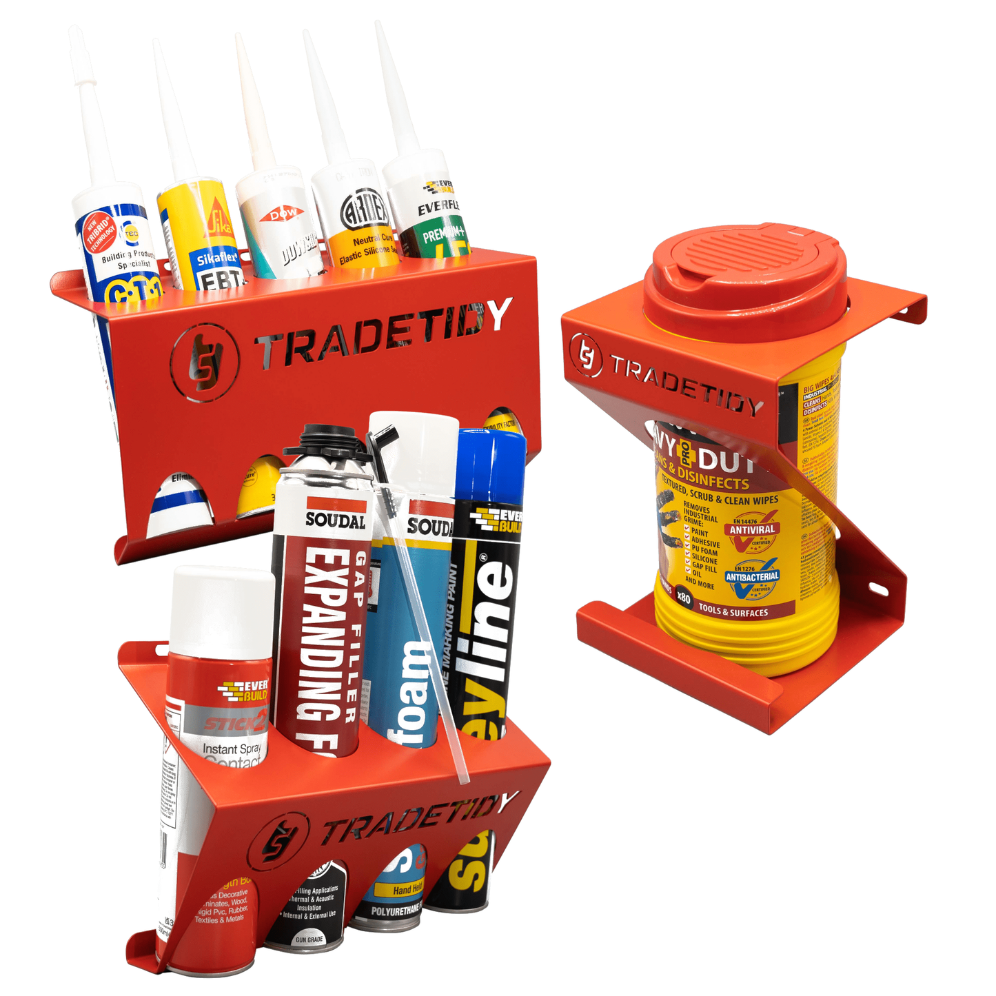 TradeTidy red Silicone, Aerosol & Wipes Holder 3-pack van storage set — UK-made powder-coated steel