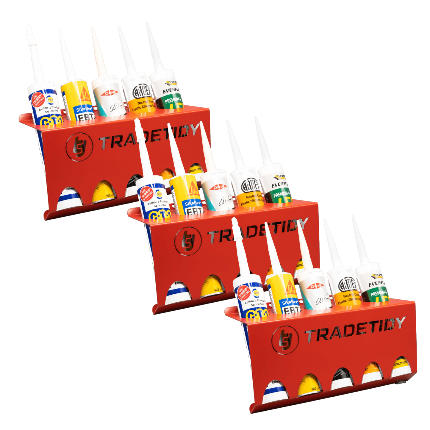 TradeTidy red Silicone & Mastic Tube Holder 3-pack — UK-made powder-coated steel for vans and workshops