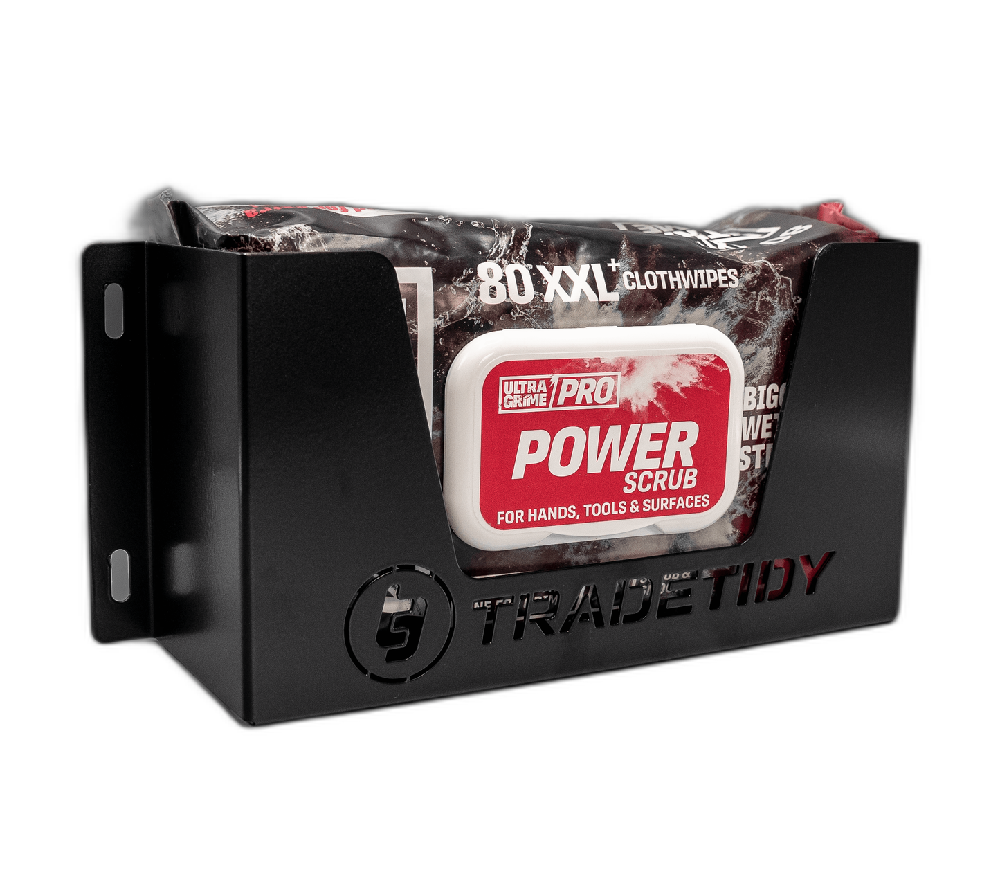 TradeTidy black Ultragrime Wipes Holder with an 80-wipe tub — UK-made powder-coated steel for vans and workshops