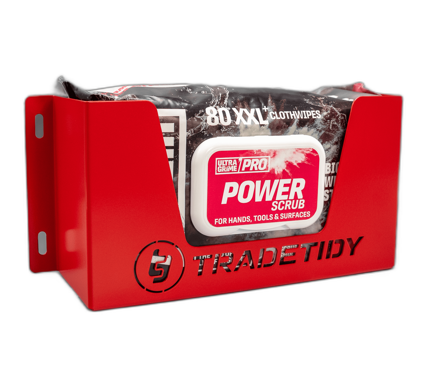 TradeTidy red Ultragrime Wipes Holder with an 80-wipe tub — UK-made powder-coated steel for vans and workshops