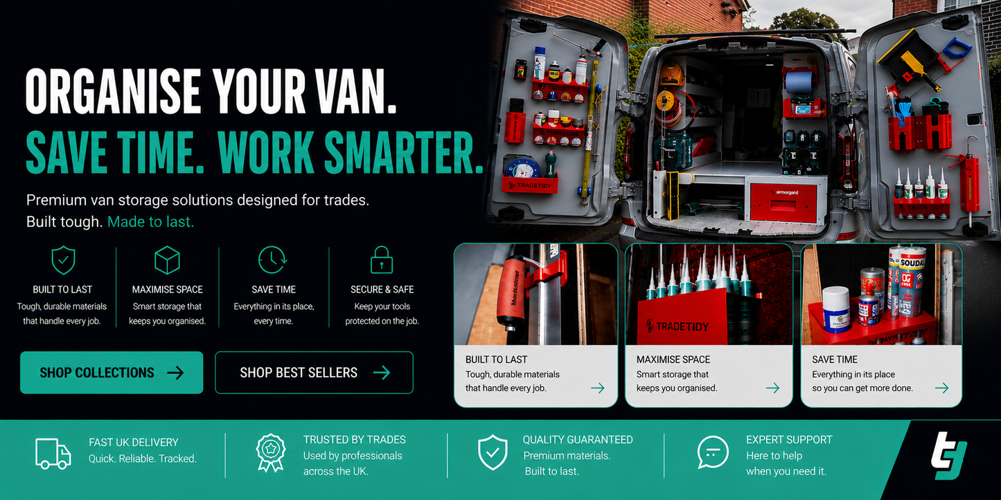 Organized van interior with storage solutions and text promoting efficient van management.