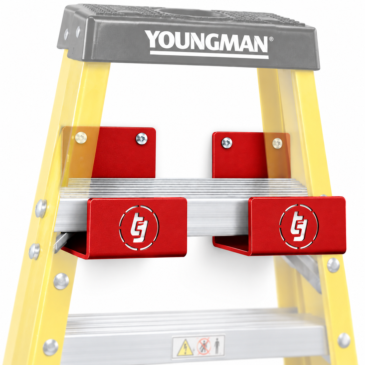 TradeTidy red ladder brackets (pair) fitted to a yellow Youngman step ladder — van and workshop ladder storage