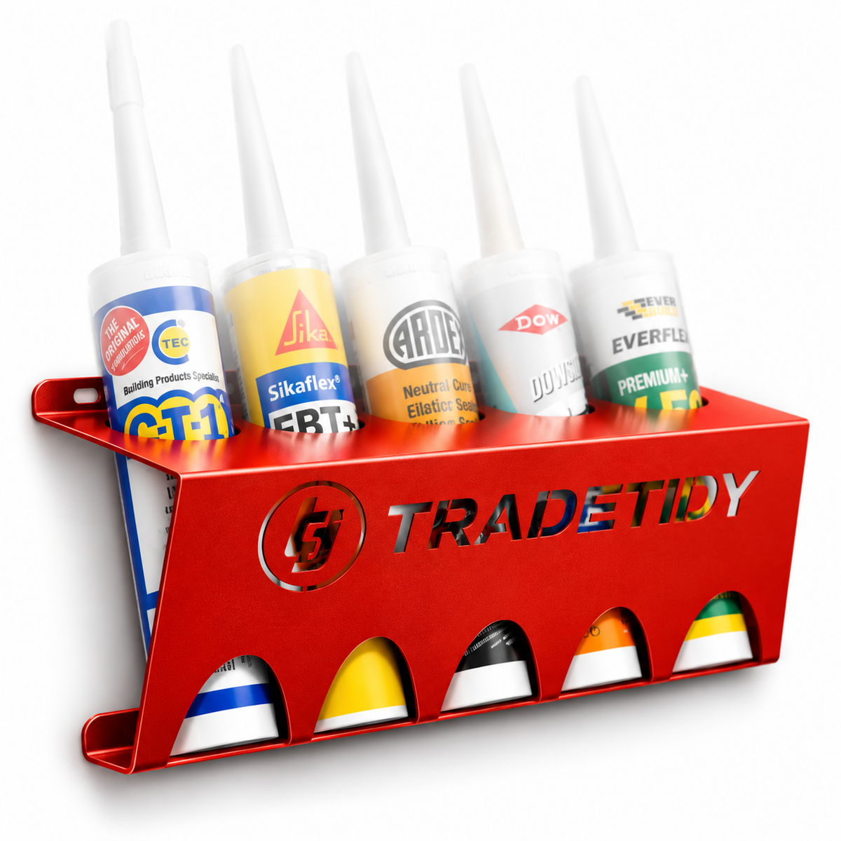 TradeTidy red Silicone & Mastic Tube Holder holding five sealant tubes - UK-made powder-coated steel for vans and workshops