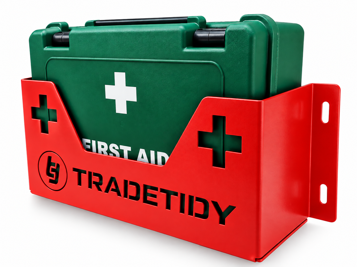 TradeTidy red First Aid Kit Holder with a green HSE first aid kit box - wall-mounted steel holder for vans and workshops
