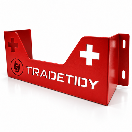 TradeTidy red first aid kit holder with cut-out cross — wall-mounted steel bracket for vans and workshops