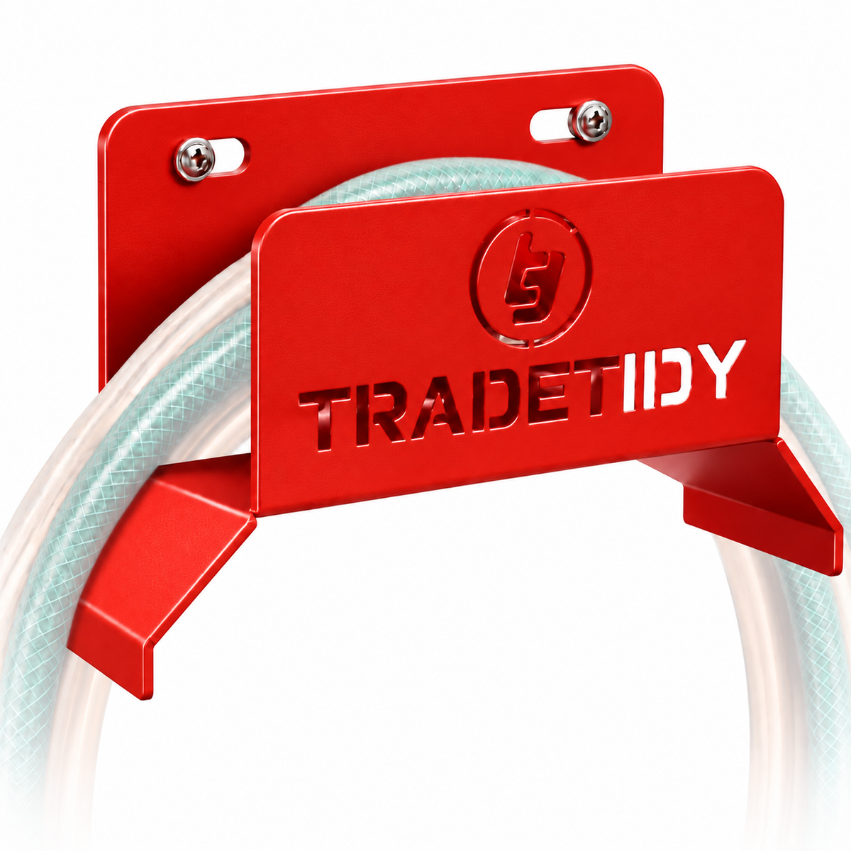 TradeTidy red Hose, Cable & Air Line Holder with a coiled hose - wall-mounted steel holder for vans and workshops