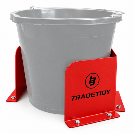 TradeTidy red Bucket & Dust Extractor Brackets (pair) holding a grey builder's bucket - wall-mounted steel brackets for vans and workshops