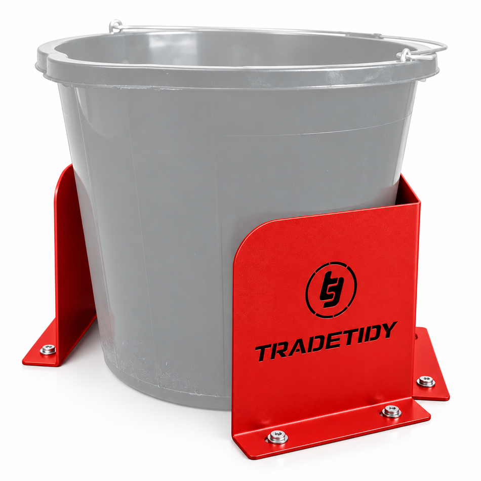 TradeTidy red Bucket & Dust Extractor Brackets (pair) holding a grey builder's bucket - wall-mounted steel brackets for vans and workshops