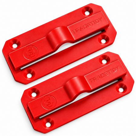 TradeTidy red Trowel Holder, sold as a pair — moulded ABS plastic brackets with countersunk screw holes, UK made