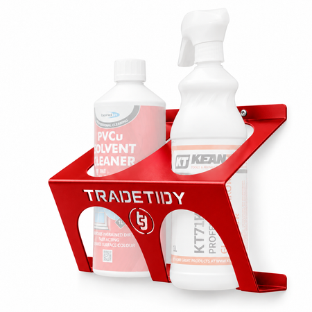TradeTidy red Glass & PVCu Cleaner Holder holding a spray bottle and a PVCu solvent cleaner bottle - wall-mounted steel holder for vans