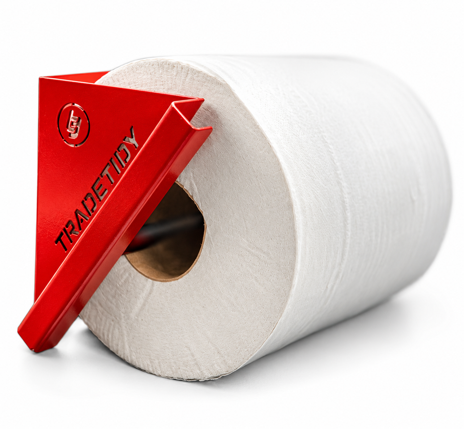 TradeTidy red paper roll holder with a 200mm white blue roll — wall-mounted steel holder for vans and workshops