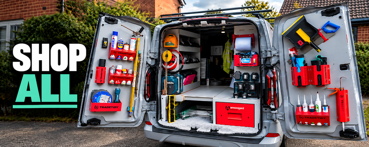 Organised TradeTidy van with storage holders fitted to the rear doors