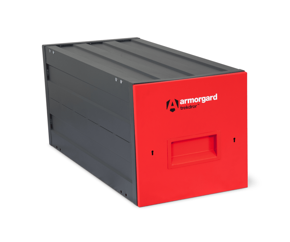 Gray storage container with red front and Armorgard logo on a green background