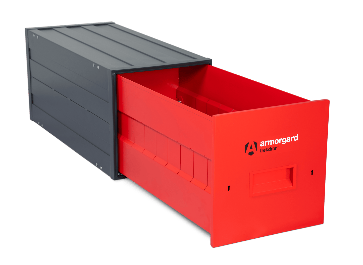 
                  
                    Red storage box with a gray lid on a transparent background, featuring the Armorgard logo.
                  
                