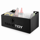 TradeTidy black 250mm Storage Tray filled with tools and spray bottles - wall-mounted steel tray for vans and workshops