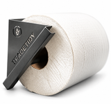 TradeTidy grey paper roll holder with a 200mm white blue roll — wall-mounted steel holder for vans and workshops