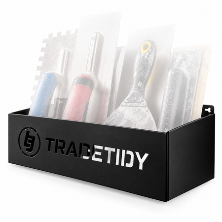 TradeTidy black Storage Tray 330mm holding plastering and tiling trowels and a filling knife — UK-made powder-coated steel for vans and workshops
