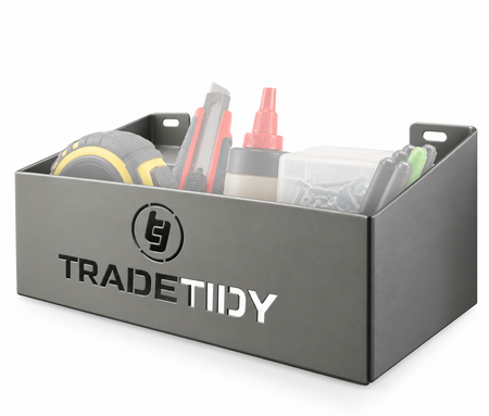 TradeTidy grey 250mm Storage Tray filled with tools and spray bottles - wall-mounted steel tray for vans and workshops