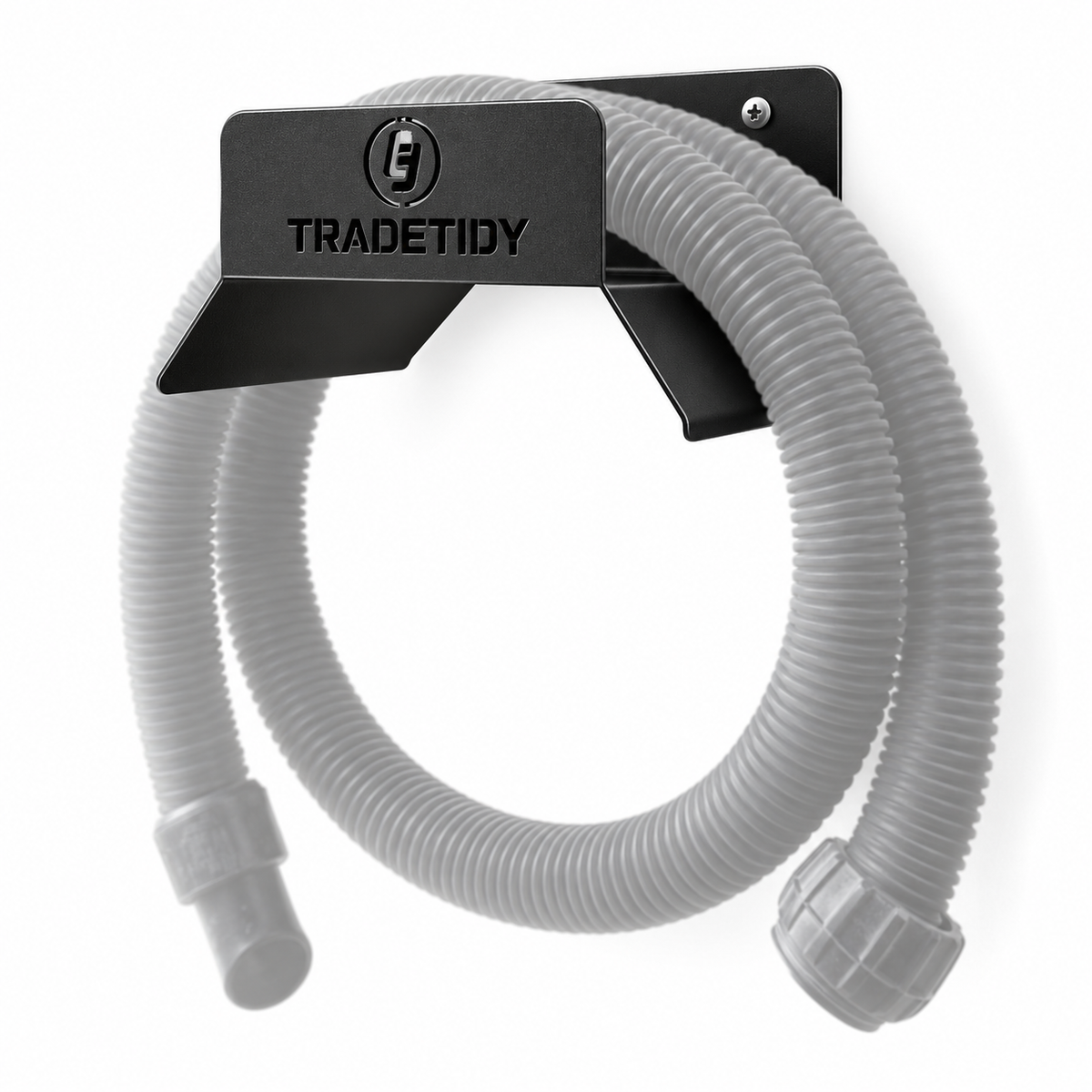 TradeTidy black Hose Holder XL with a coiled dust-extractor hose - wall-mounted steel hose bracket for vans and workshops