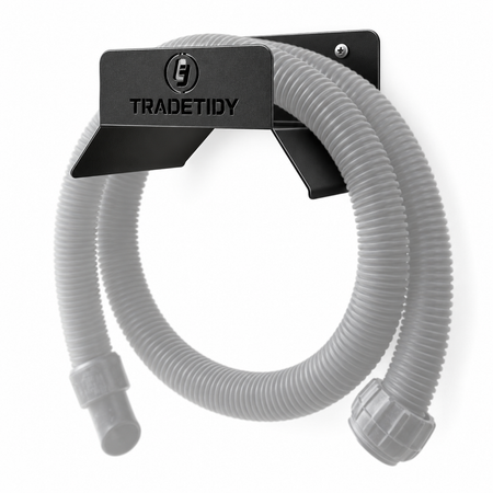 TradeTidy black Hose Holder XL with a coiled dust-extractor hose - wall-mounted steel hose bracket for vans and workshops