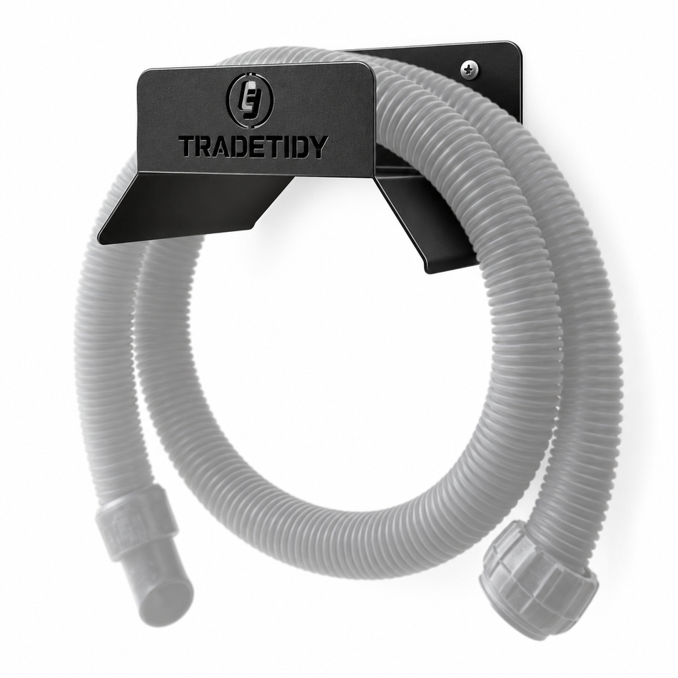 TradeTidy black Hose Holder XL with a coiled dust-extractor hose - wall-mounted steel hose bracket for vans and workshops