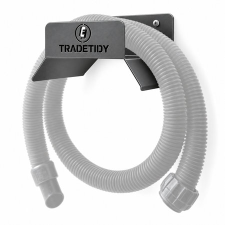 TradeTidy grey Hose Holder XL with a coiled dust-extractor hose - wall-mounted steel hose bracket for vans and workshops