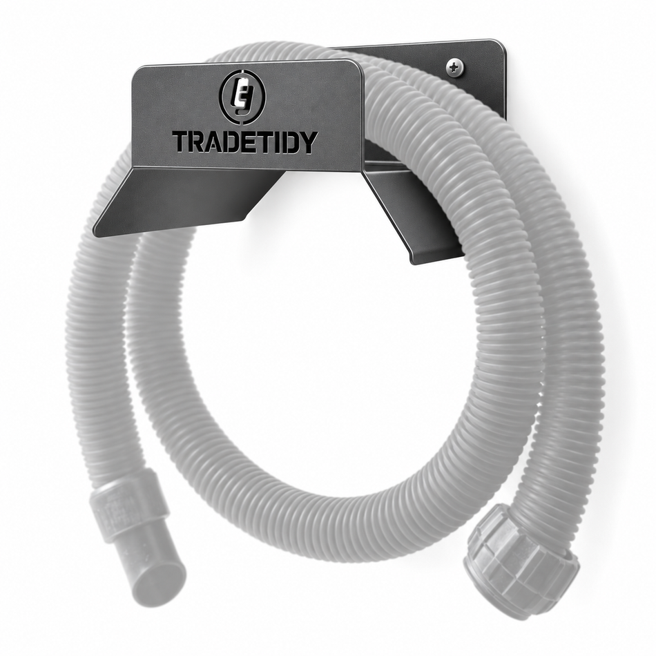 TradeTidy grey Hose Holder XL with a coiled dust-extractor hose - wall-mounted steel hose bracket for vans and workshops