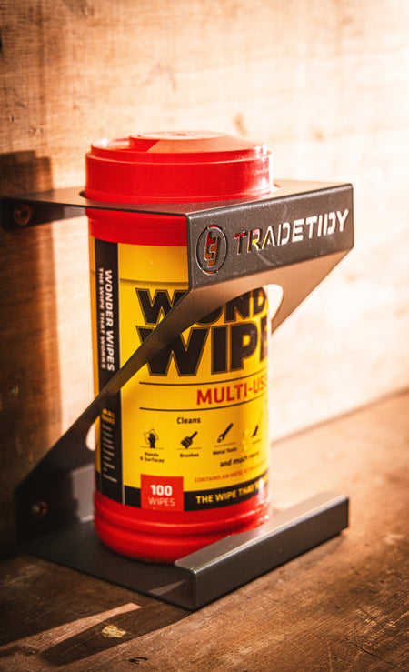 TradeTidy - Wipes in a Black Wipes Holder Installed on a Wooden Wall
