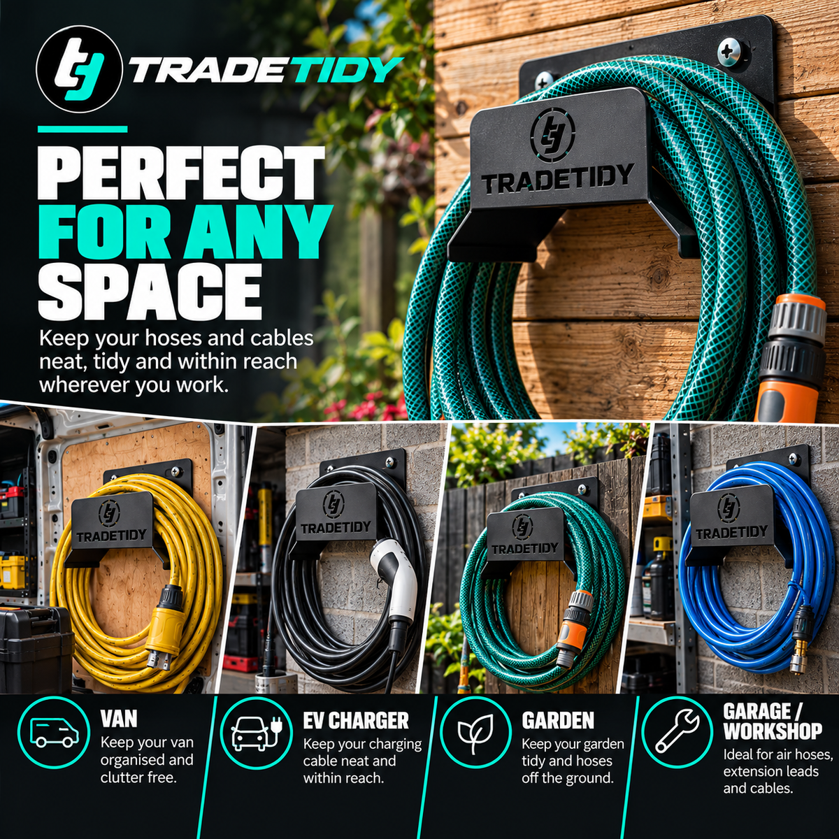 Perfect for any space - TradeTidy Hose Holder shown in a van, by an EV charger, in a garden and in a garage workshop