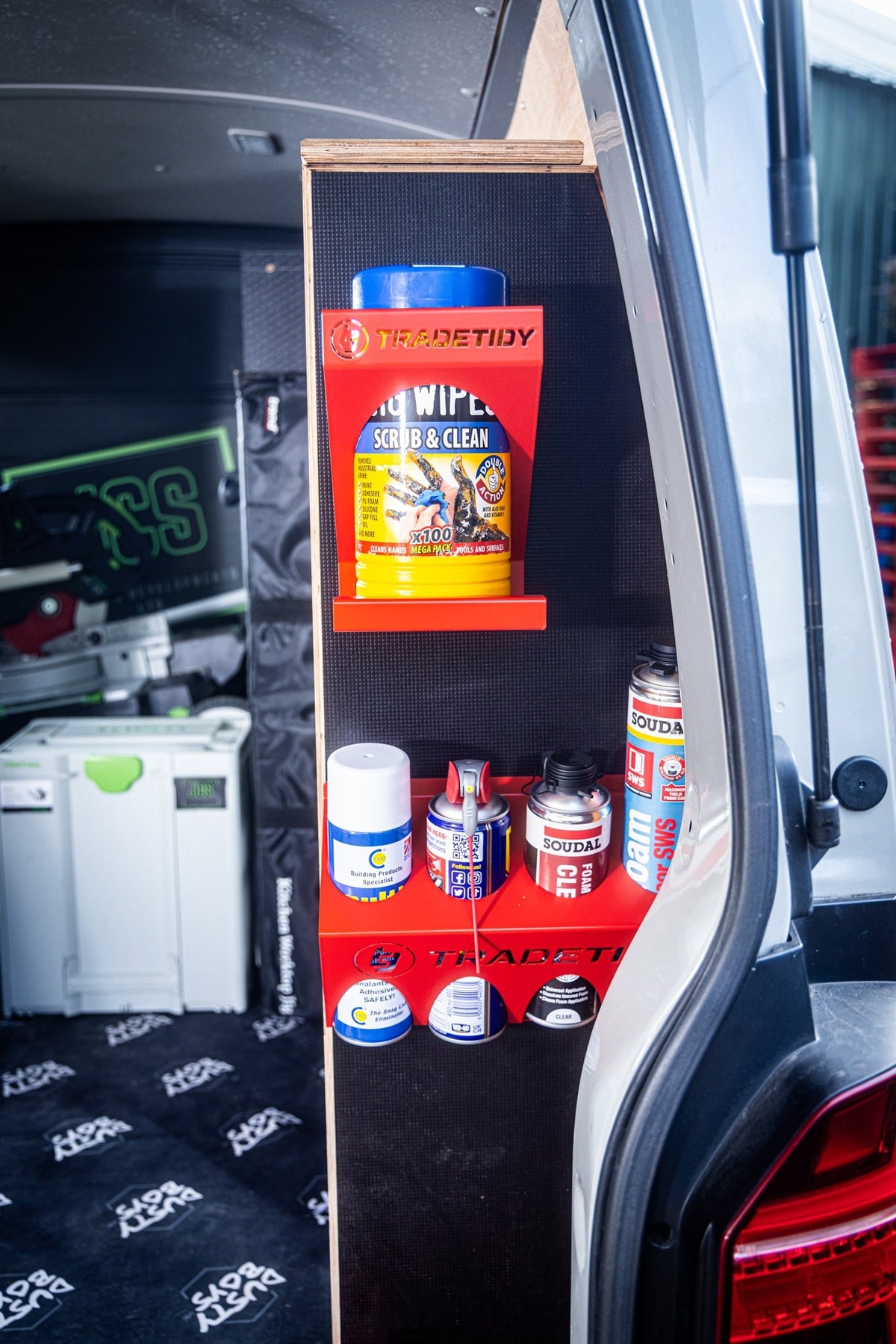 TradeTidy - Wipes in a Red Wipes Holder installed in a Workshop Van (view 2)