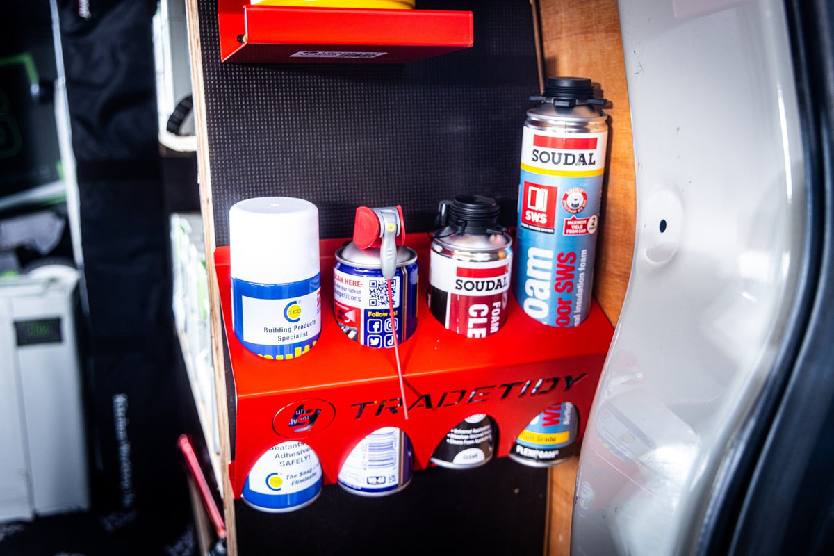 TradeTidy - Spray cans in a Red Can Holder mounted in a workshop van