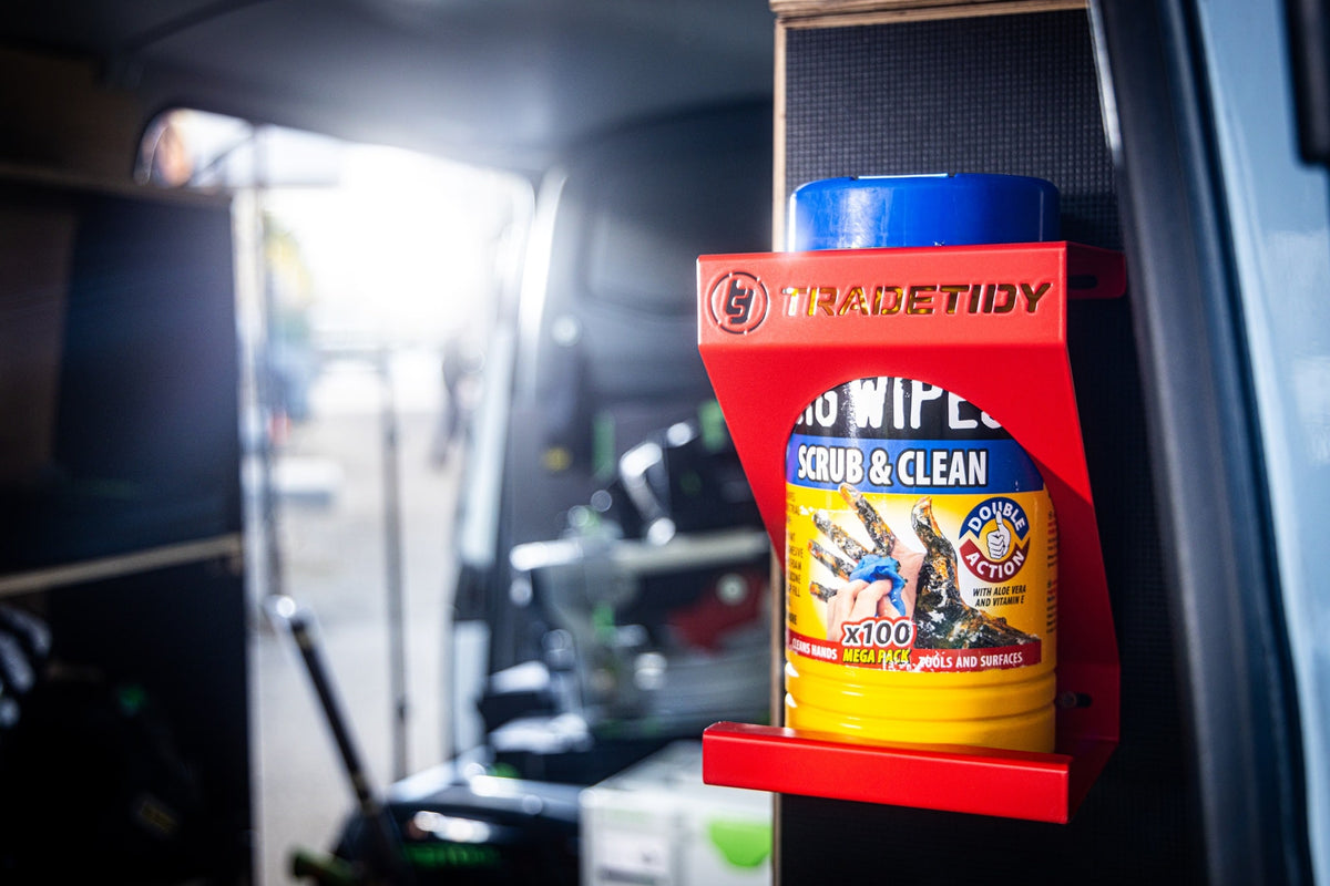 TradeTidy - Wipes in a Red Wipes Holder installed in a Workshop Van