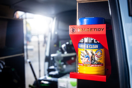 TradeTidy - Wipes in a Red Wipes Holder installed in a Workshop Van