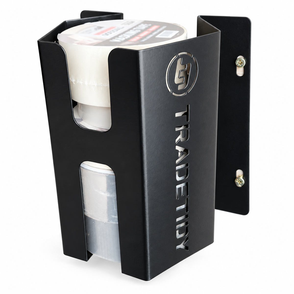 TradeTidy black Adhesive Tape Holder loaded with rolls of packing tape — UK-made powder-coated steel for vans and workshops