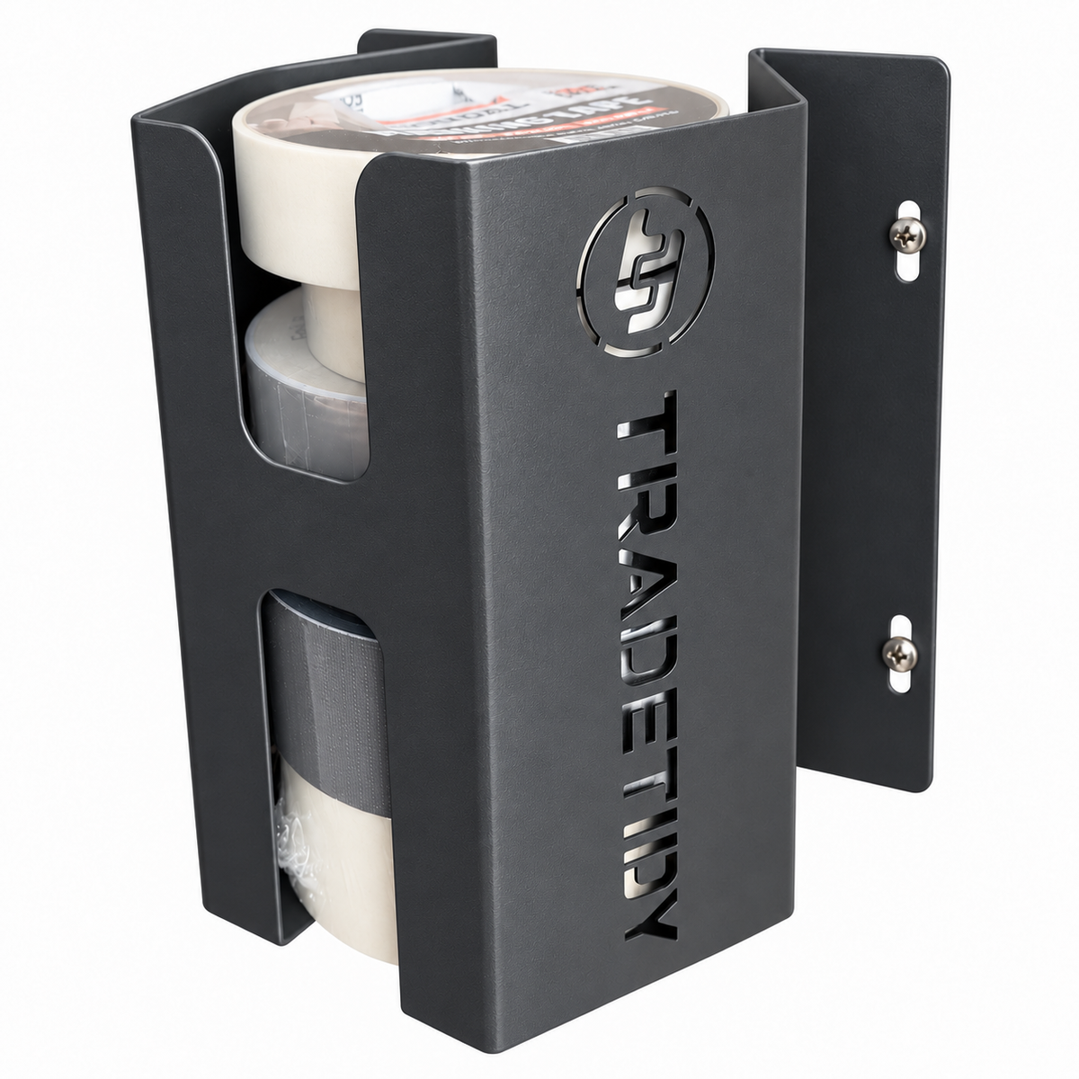 TradeTidy grey Adhesive Tape Holder loaded with rolls of packing tape — UK-made powder-coated steel for vans and workshops