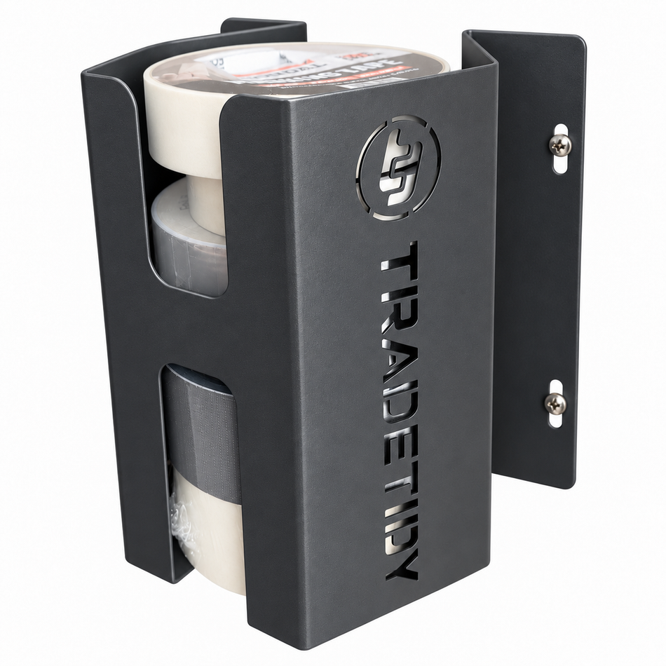 TradeTidy grey Adhesive Tape Holder loaded with rolls of packing tape — UK-made powder-coated steel for vans and workshops