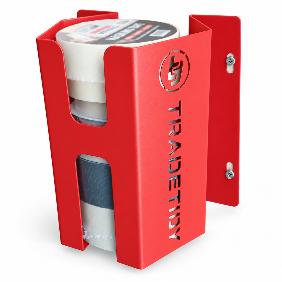 TradeTidy red Adhesive Tape Holder loaded with rolls of packing tape — UK-made powder-coated steel for vans and workshops