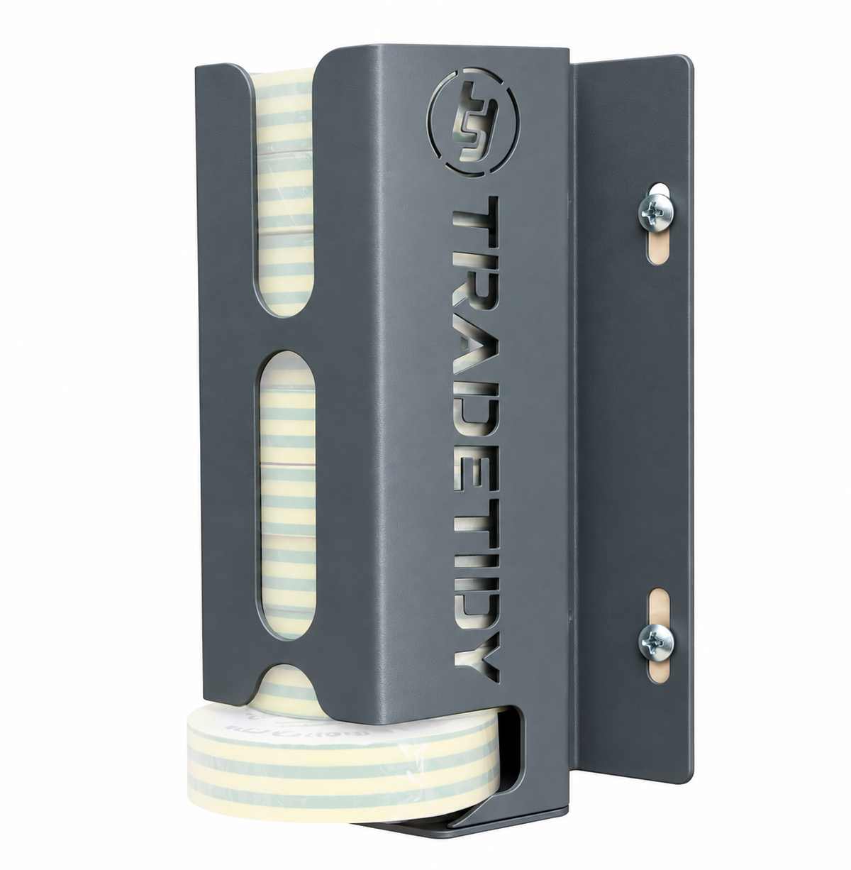 TradeTidy grey Electrical Tape Holder wall-mounted with a stack of insulation tape rolls — UK-made powder-coated steel, holds 10 rolls