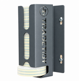 TradeTidy grey Electrical Tape Holder wall-mounted with a stack of insulation tape rolls — UK-made powder-coated steel, holds 10 rolls