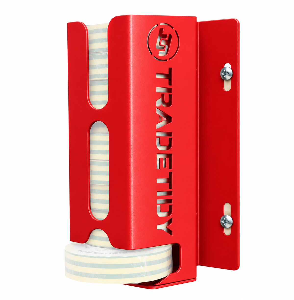 TradeTidy red Electrical Tape Holder wall-mounted with a stack of insulation tape rolls — UK-made powder-coated steel, holds 10 rolls