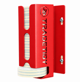TradeTidy red Electrical Tape Holder wall-mounted with a stack of insulation tape rolls — UK-made powder-coated steel, holds 10 rolls